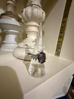 Silver Tone and Faux Amethyst Cocktail Ring with Rhinestones